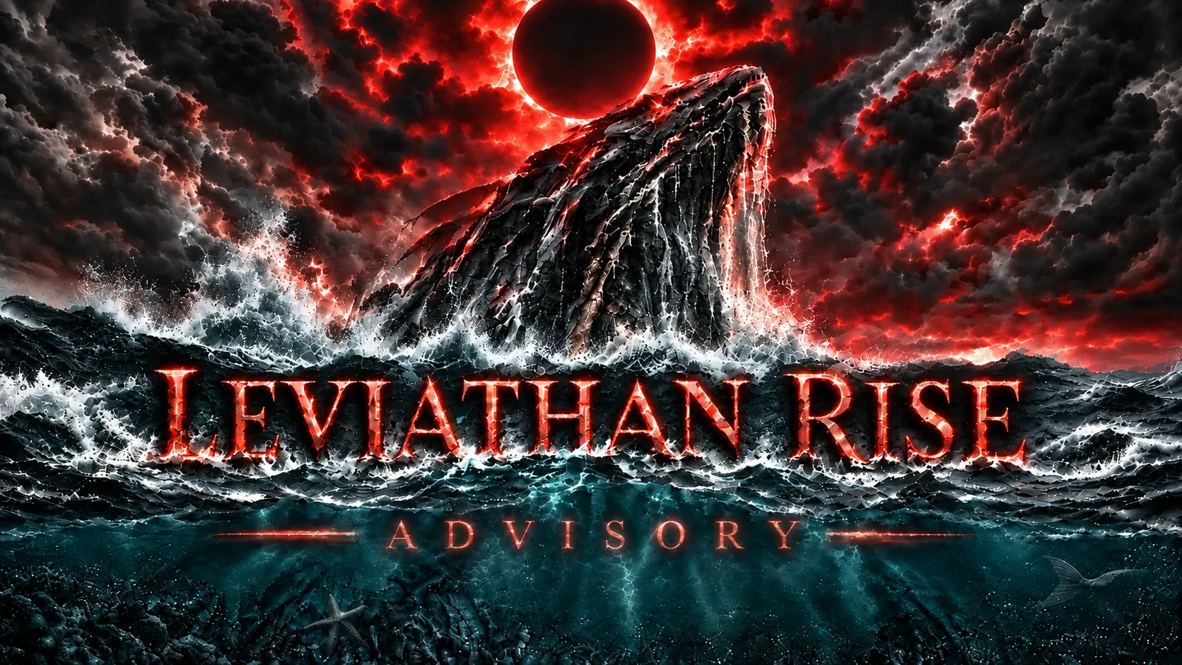 Leviathan Rise Advisory: a leviathan rising from a storm-torn sea beneath a black eclipse